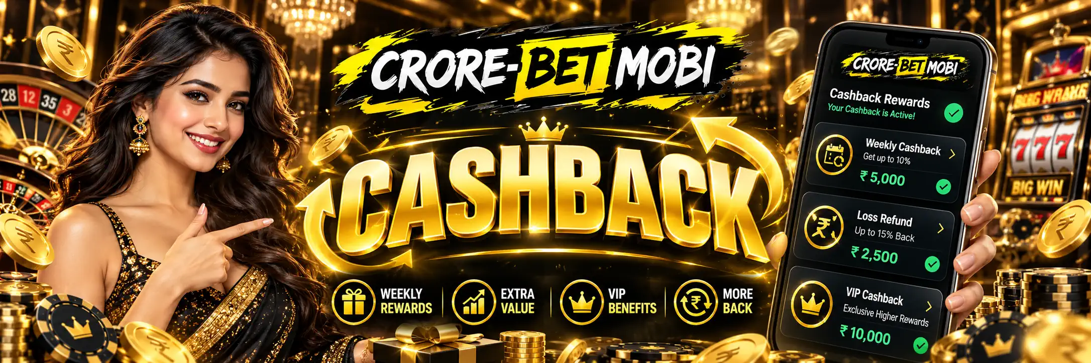 Cashback next to deposit-match promotions at CroreBet